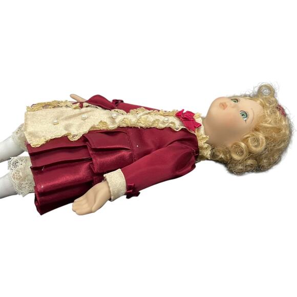 Porcelain Girl Doll in Burgundy Victorian Dress with Blonde Curls - Picture 3 of 11